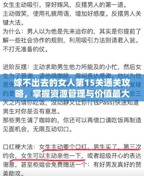 嫁不出去的女人第15关通关攻略，掌握资源管理与价值最大化技巧