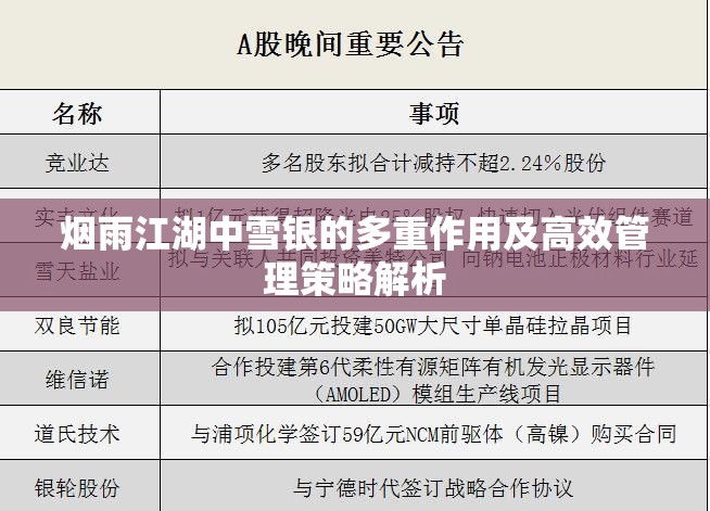 烟雨江湖中雪银的多重作用及高效管理策略解析