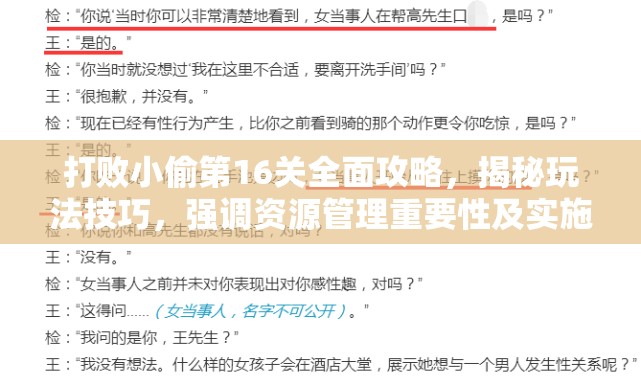 打败小偷第16关全面攻略，揭秘玩法技巧，强调资源管理重要性及实施高效策略